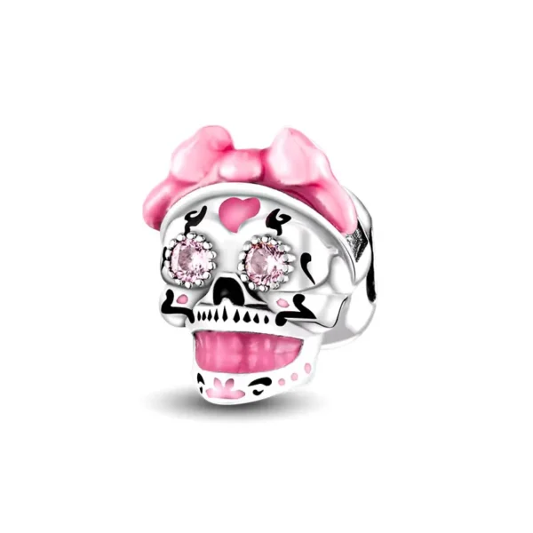 Charm Plata Calavera Moño Rosa Dia De Muertos Halloween Pandora Gnoce Factory